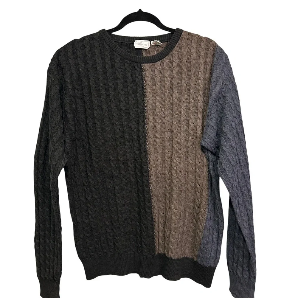Vintage Valentino Uomo Crewneck Colorblock Linen Blend Cable Knit Sweater - Picture 2 of 9